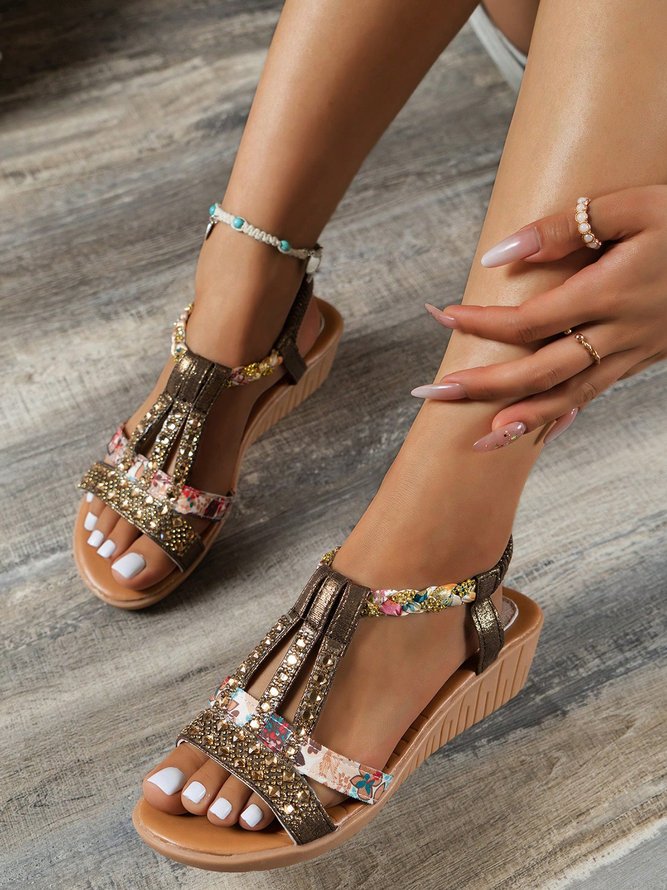 Women Rhinestone Floral Print Braided Ankle Strap Wedge Sandals
