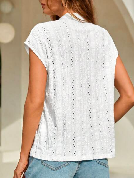 Casual Geometric Eyelet Embroidery Batwing Sleeve Button Front Shirt