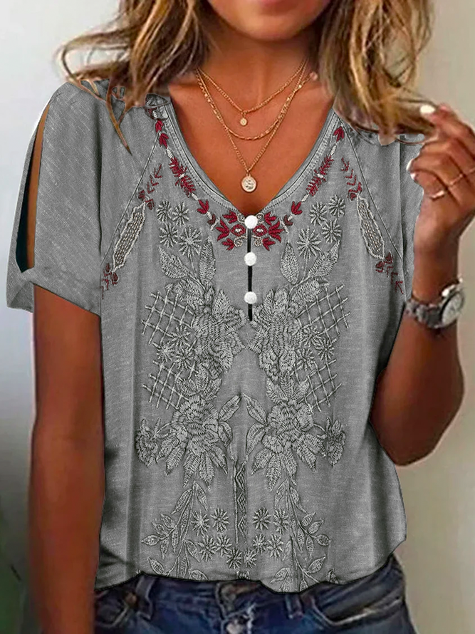 Ethnic Buttoned T-Shirt for Women Casual V Neck Western Style Tops