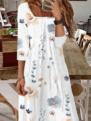 Floral Loose Casual Square Neck Dress