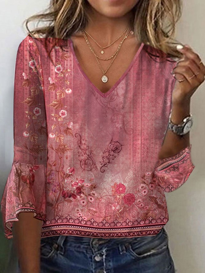 Ethnic Knitted Flare Sleeve Casual Shirt