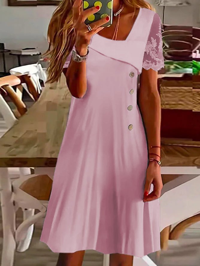 Lace Sleeve Plain Loose Casual Asymmetrical Dress