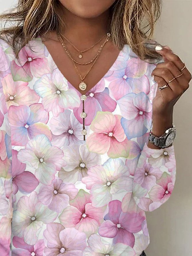Floral Casual Buckle Long Sleeve Loose T-Shirt