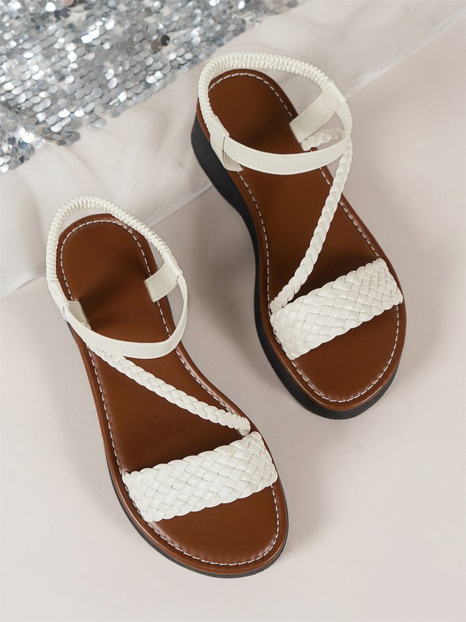 White Leather Woven Strap Platform Casual Sandals For Women