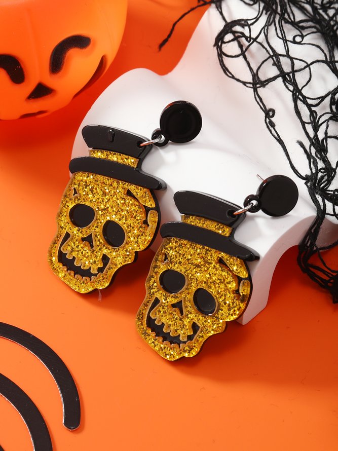 Halloween Glitter Skull Hat Stud Earrings