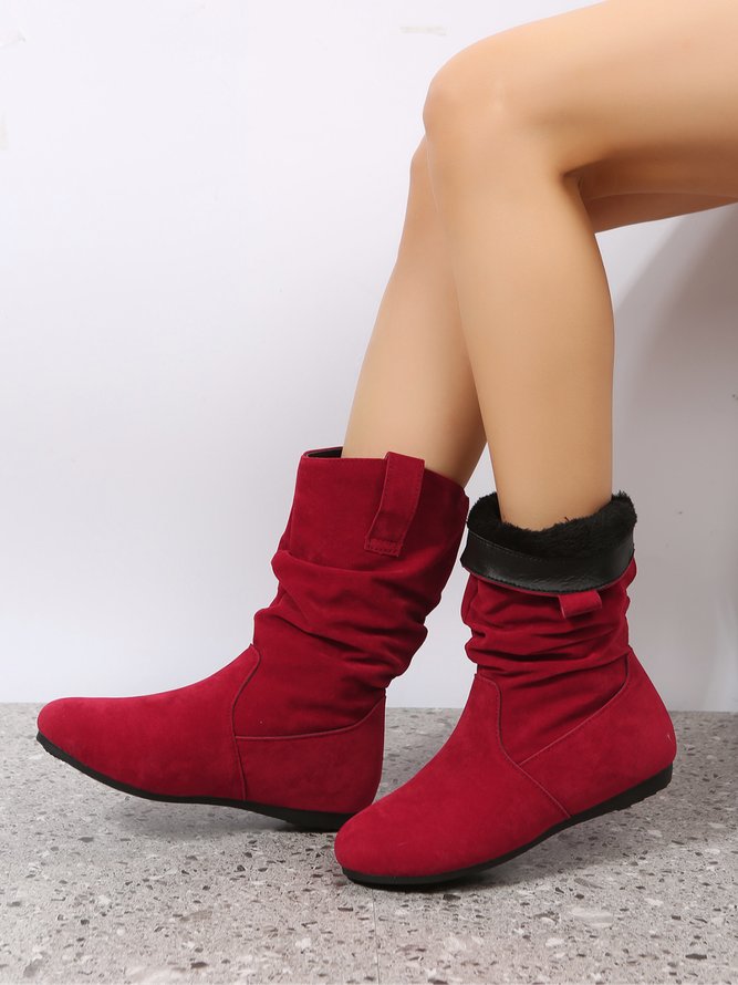 Solid Crinkled Faux Suede Casual Boots