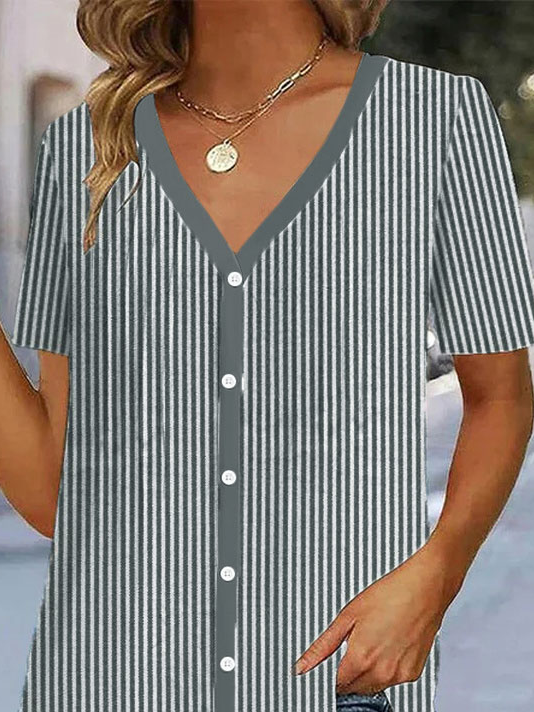 Loose Striped V Neck Casual Blouse