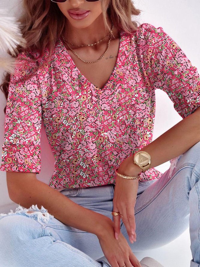 Small Floral Casual Regular Fit V Neck T-Shirt