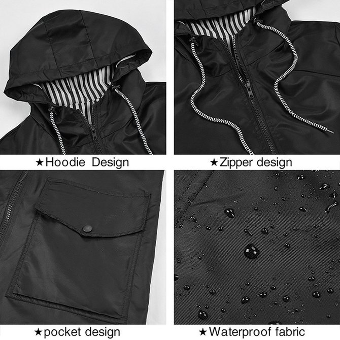 Plain Waterproof Windproof Long Sleeve Casual Hoodie Trench Coat