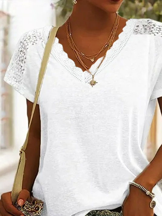 Casual Lace Loose V Neck Lace T-Shirt