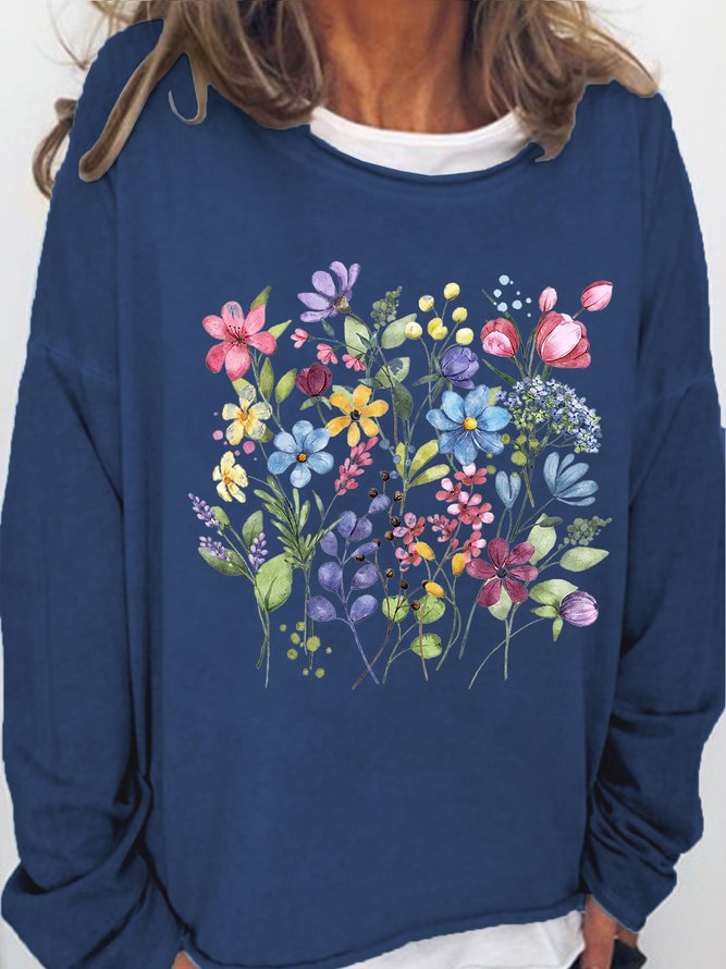 Women's Flower Print Crew Neck Casual Sweatshirt