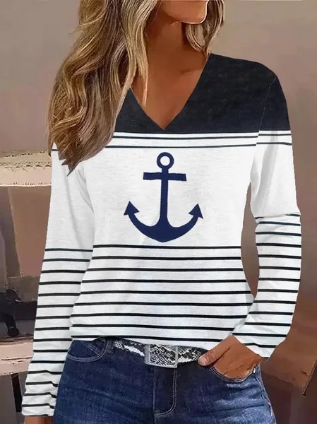 Loose Striped Casual V Neck T-Shirt