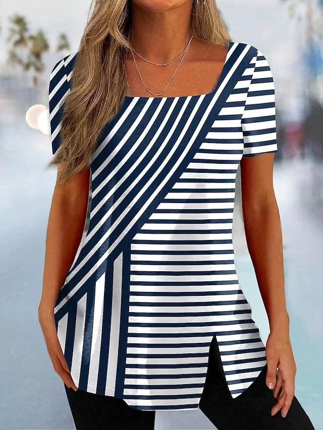 Square Neck Striped Casual T-Shirt