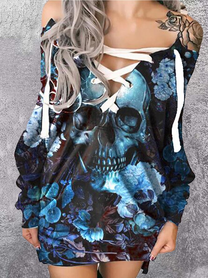Skull V Neck Casual Loose Dress With No