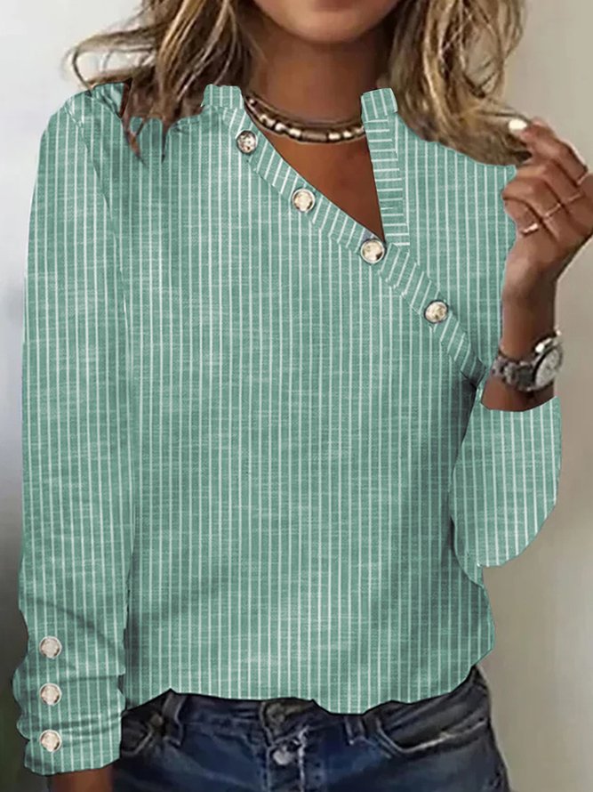 Women's Buttoned Striped T-Shirt Casual Asymmetrical Loose T-Shirt With Buttons