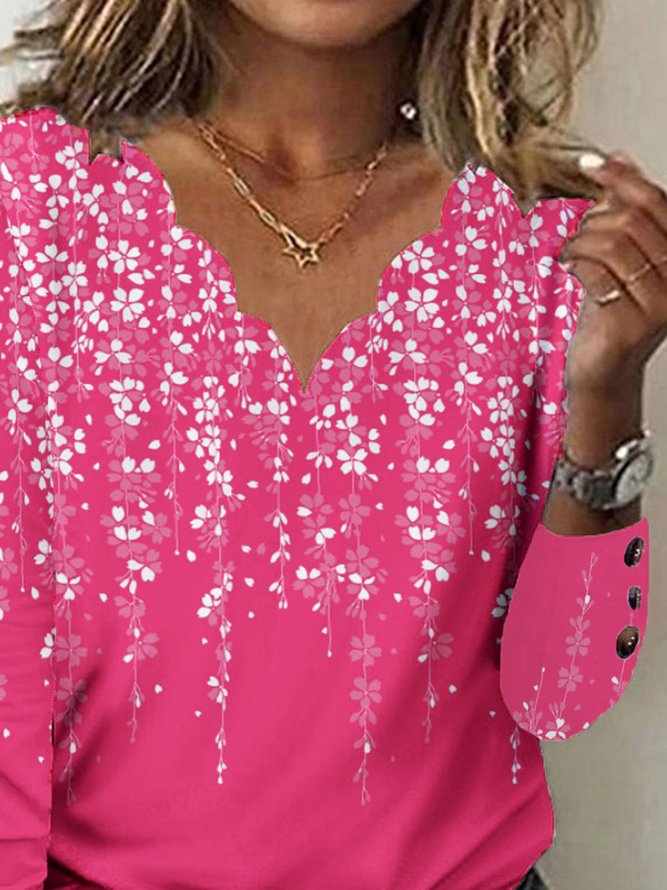 Casual Floral Buckle Lace Collar Long Sleeve T-Shirt