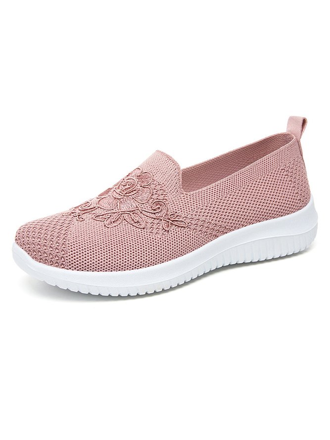 Floral Embroidery Breathable Flyknit Slip On Sneakers
