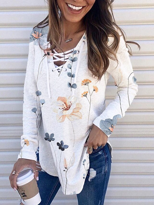 Casual Floral V Neck Long Sleeve Shirt