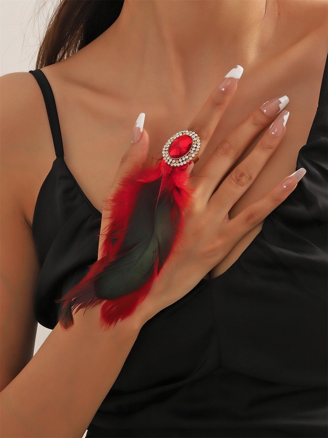 Rhinestone Faux Feather Party Ring