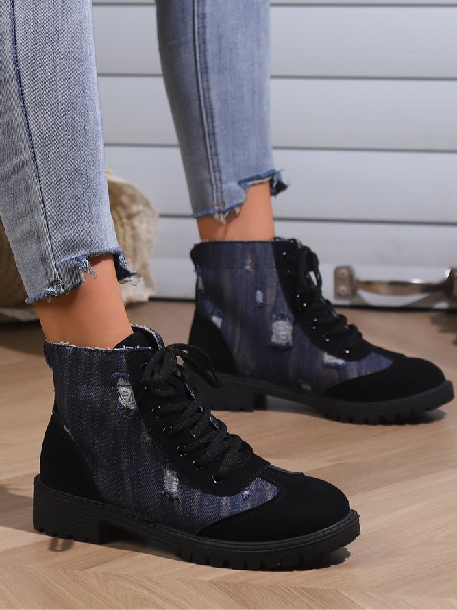Casual Ripped Canvas Paneled Boots