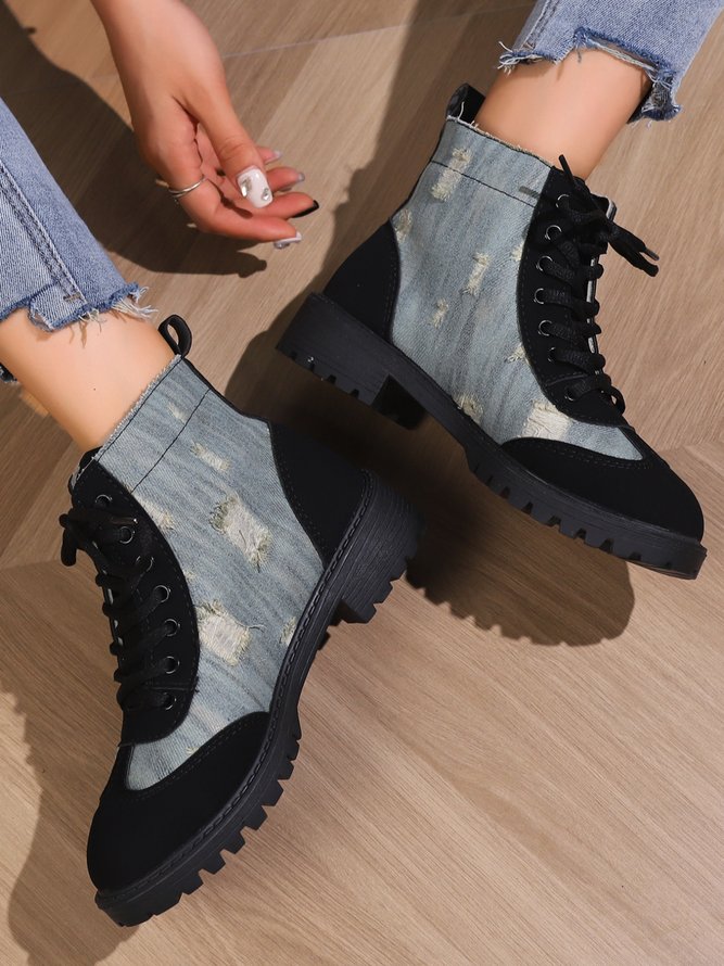 Casual Ripped Canvas Paneled Boots