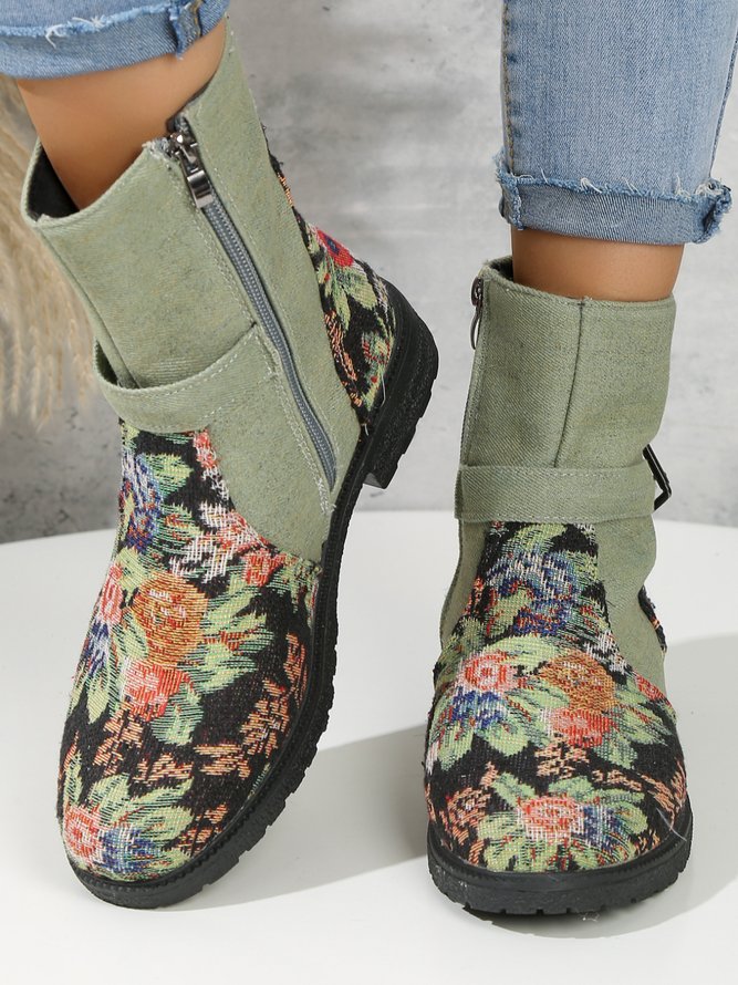 Casual Floral Print Paneled Boots