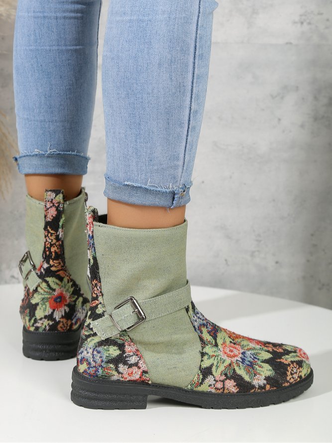 Casual Floral Print Paneled Boots
