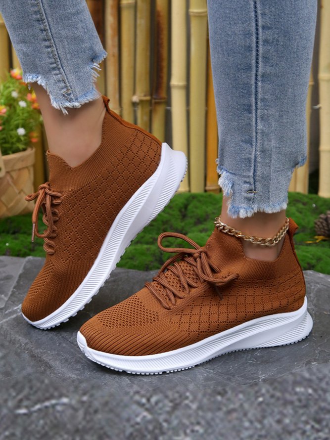 Women Plaid Lace-Up Decor Breathable Slip On Flyknit Sneakers