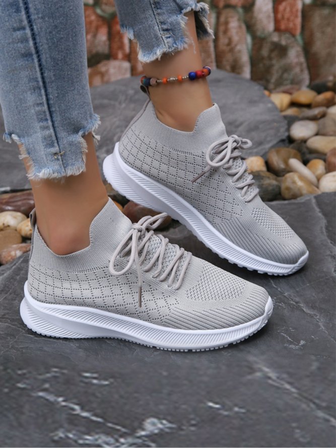 Women Plaid Lace-Up Decor Breathable Slip On Flyknit Sneakers