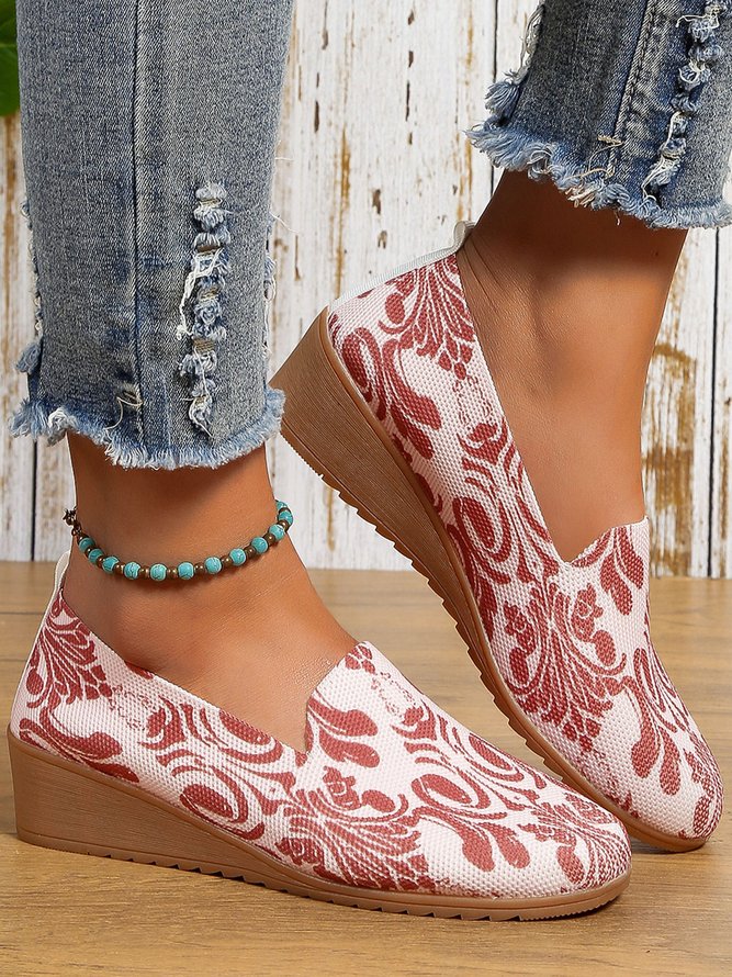 Ethnic Pattern Mesh Fabric Wedge Heel Comfy Slip On Shoes
