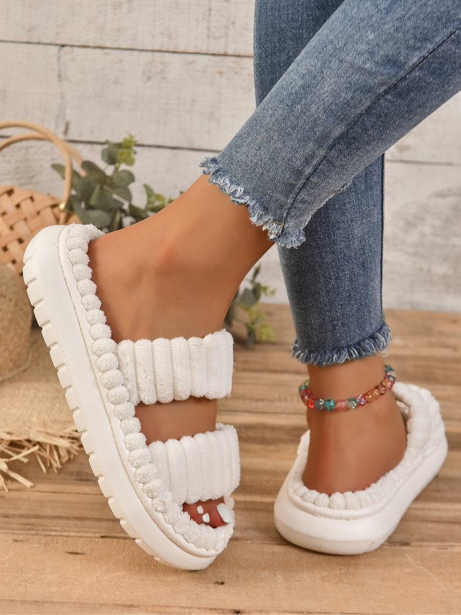 Casual Double Strap Corduroy Fluffy Slippers