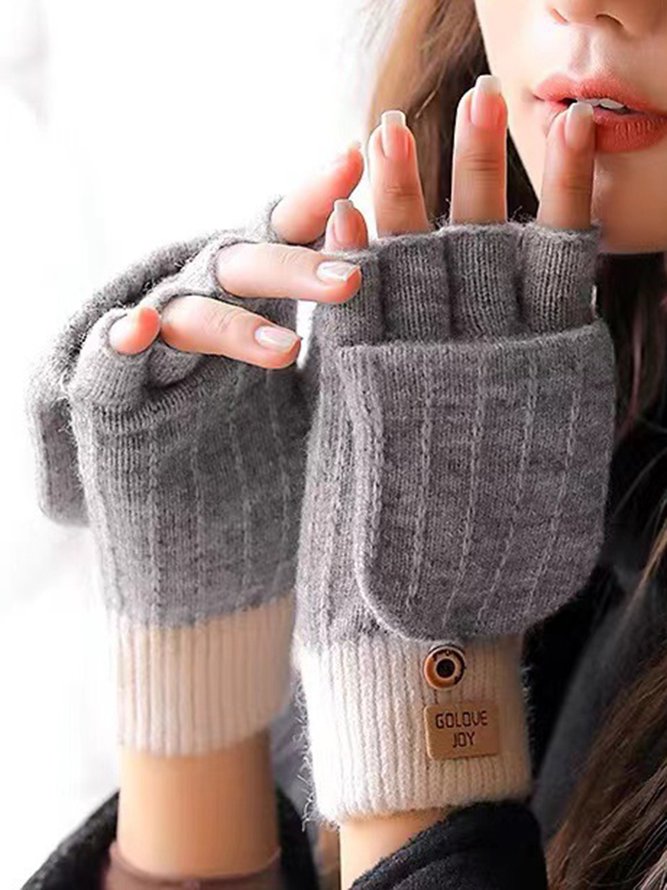 Contrast Color Stitching Button Flap Cotton Blend Fleece Warm Gloves