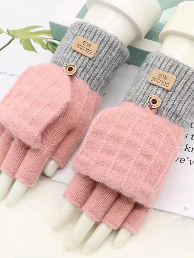 Contrast Color Stitching Button Flap Cotton Blend Fleece Warm Gloves