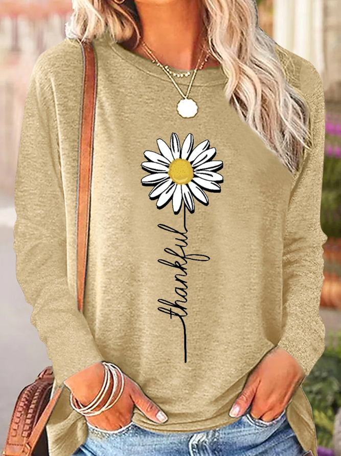 Women Casual Spring/Fall Daisy Micro-Elasticity Daily Crew Neck Cotton-Blend Regular H-Line Shirts-image-16216848