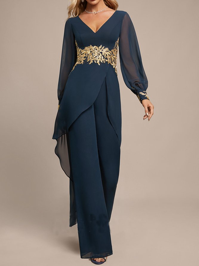 Women Plain Spring/Fall Elegant Chiffon Natural Lightweight No Elasticity Long Sleeve H-Line Jumpsuits-image-16133473