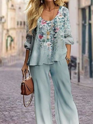 Casual Loose Crew Neck Floral Two-Piece Set