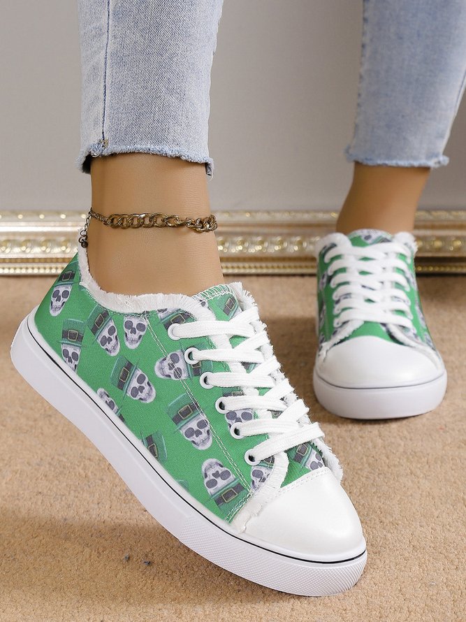 Halloween Green Skull Head Fringe Lace-Up Canvas Shoes