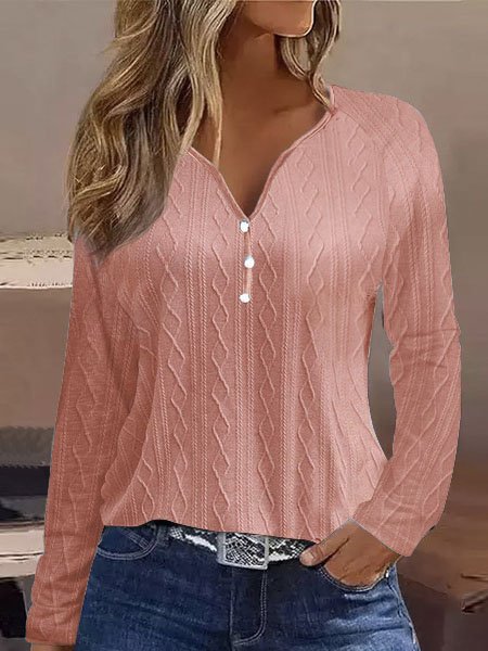Casual Knitted Textured V-Neck Loose T-Shirt