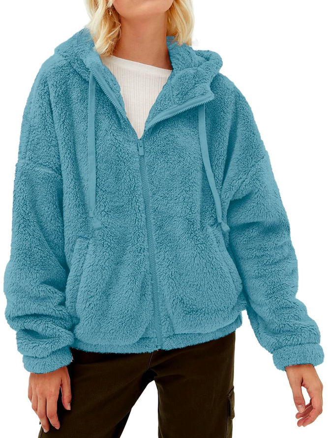 Casual Hoodie Plain Fluff/Granular Fleece Fabric Teddy Jacket