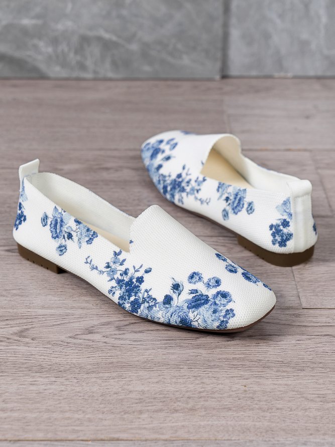 Floral Print Comfy Square Toe Mesh Fabric Slip On Shoes