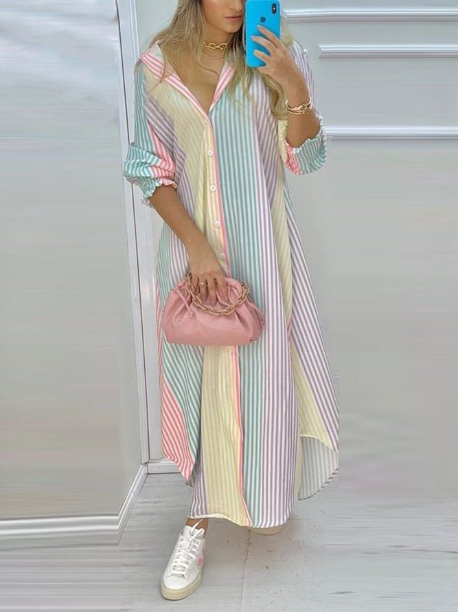 Shirt Collar Casual Loose Striped Dress With No