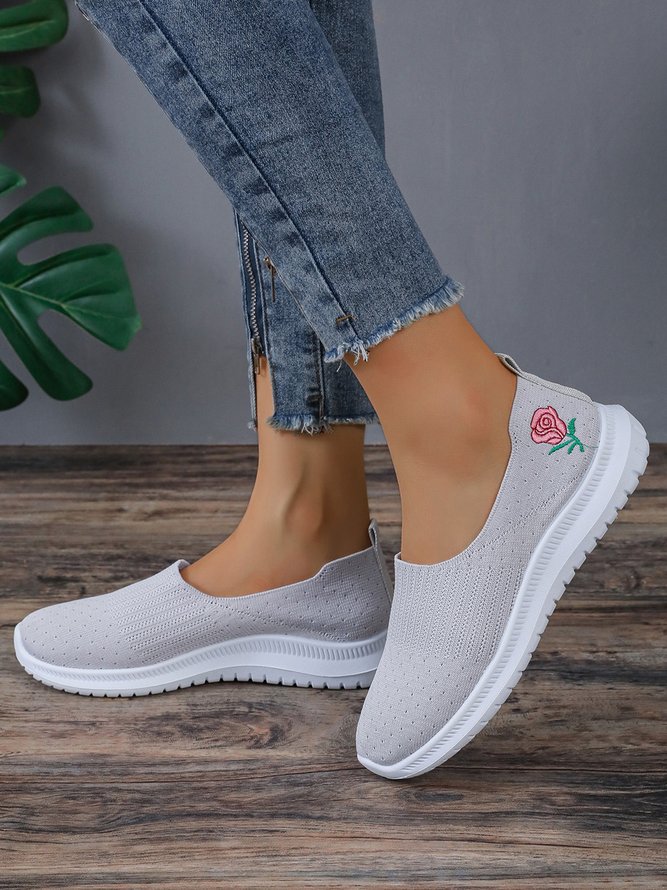Rose Embroidery Gray Breathable Slip On Flyknit Sneakers