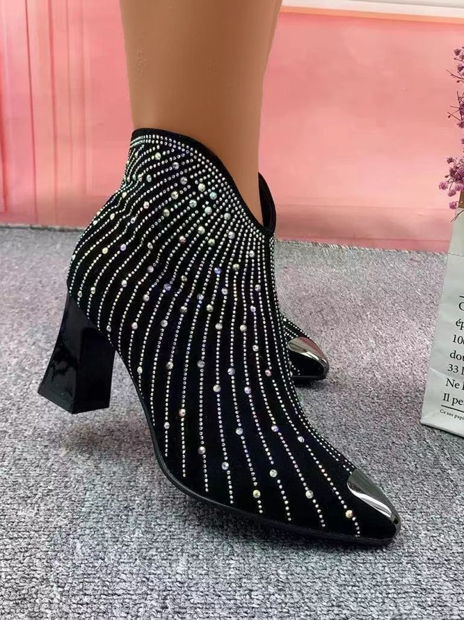 Fashion Black Rhinestone Side Zipper Spool Heel Party Boots