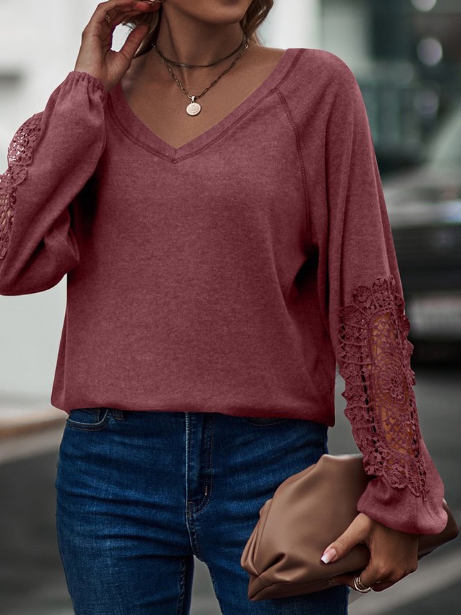 Casual Lace V Neck T-Shirt