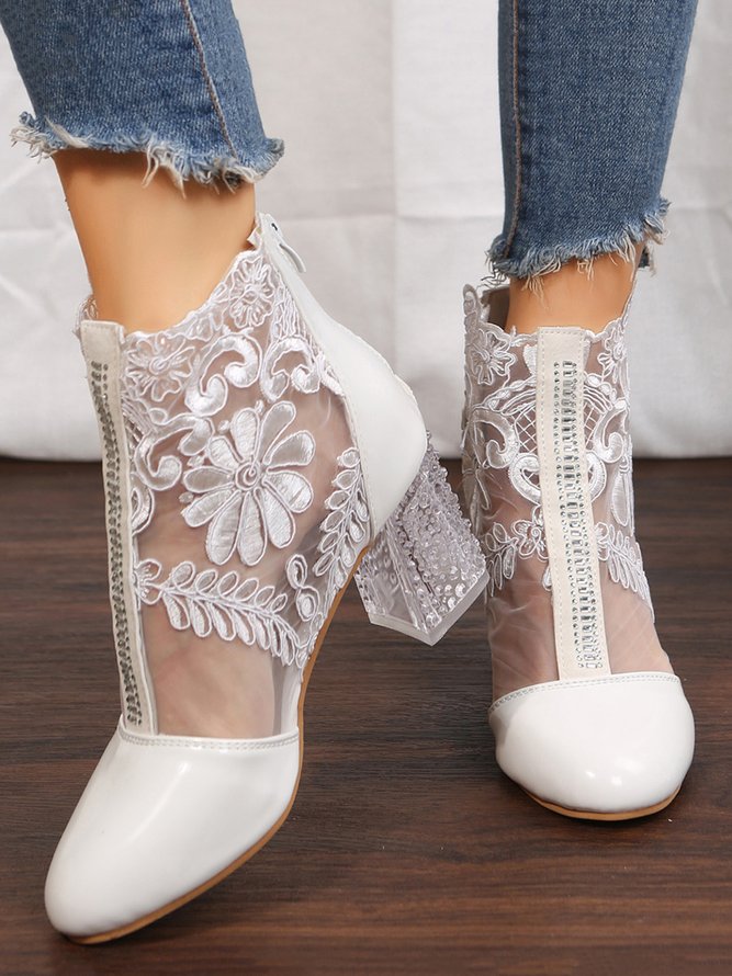 Floral Embroidery Rhinestone Clear Chunky Heel Fashion Boots