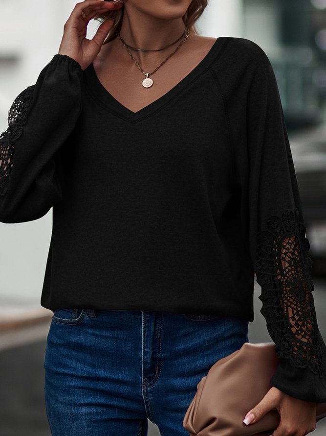 Casual Lace V Neck T-Shirt