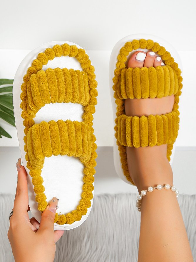 Casual Double Strap Corduroy Fluffy Slippers