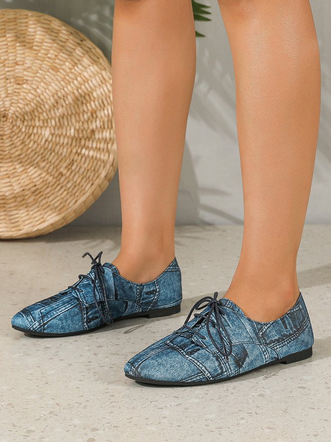 Women Fashion Distressed Denim Blue Lace-Up Shoes