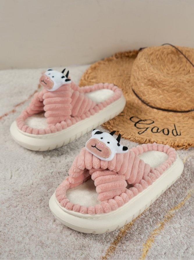 Casual Cartoon Cow Warmth Cross Strap Slippers