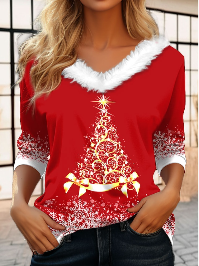 Casual Fur Collar Christmas Tree T-Shirt